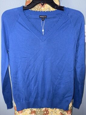 Minnie Rose Frayed V-Neck Sweater in Blue Size XS - NWT